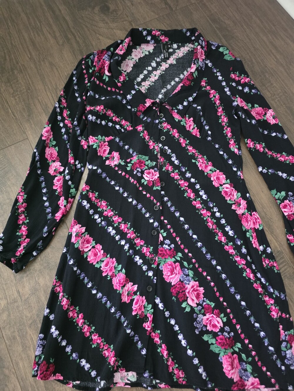 Black Floral Button-Front Shirt Dress with Pink Roses